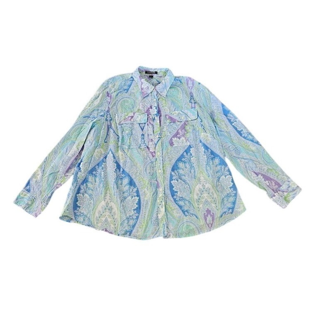Lauren Ralph Lauren Womens 2X Paisley Cotton Button Down Shirt Blue Purple Green